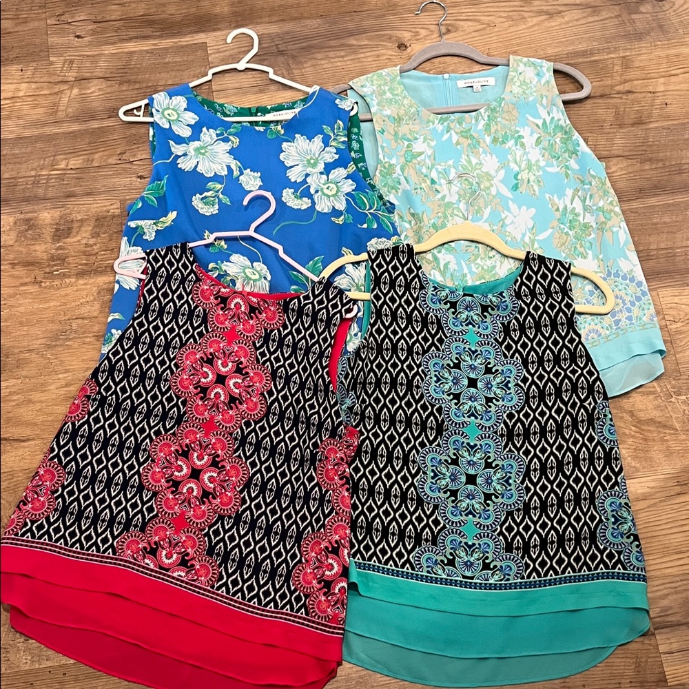 Set of Four Floral & Patterned Sleeveless Tops - Blue, Aqua, Black, Coral